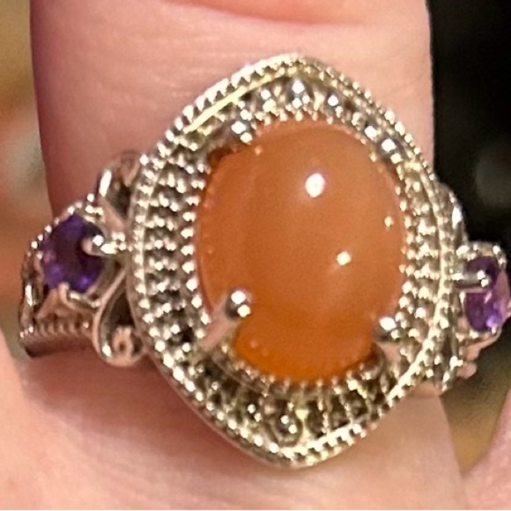 Peach Moonstone and African Amethyst Ring in Platinum Over Sterling Silver S6